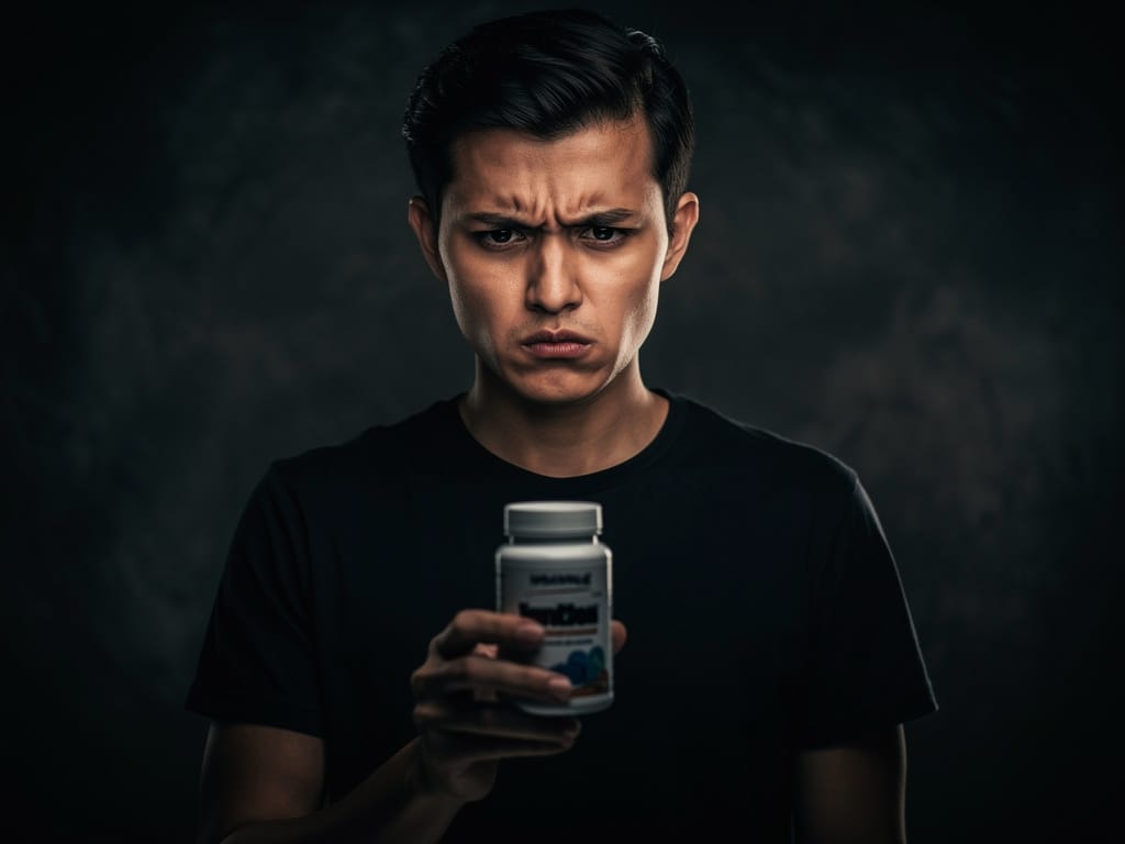 A person looking doubtfully at a supplement bottle