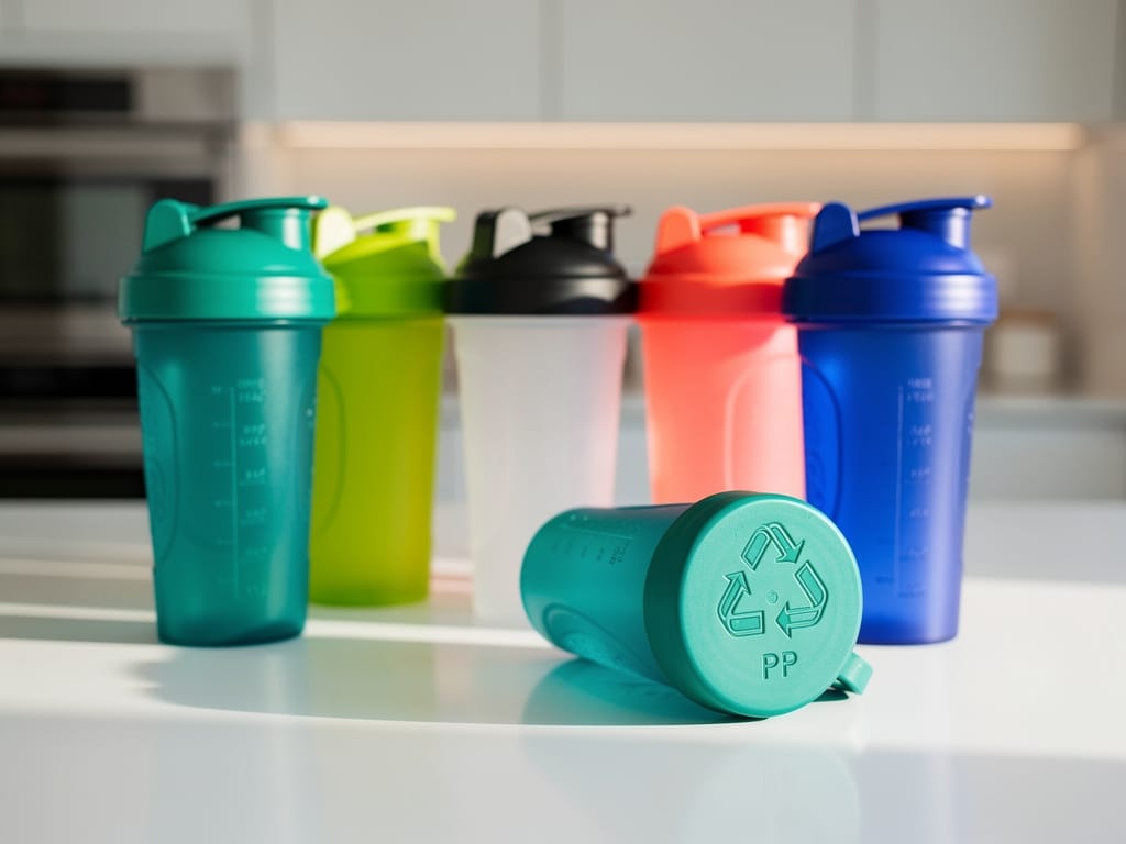 A variety of plastic protein shaker bottles on a counter.