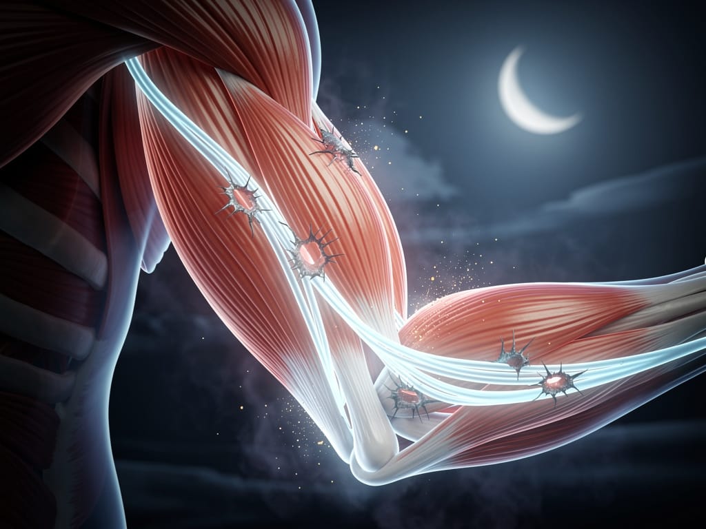 Microscopic view of muscle fibers repairing during sleep