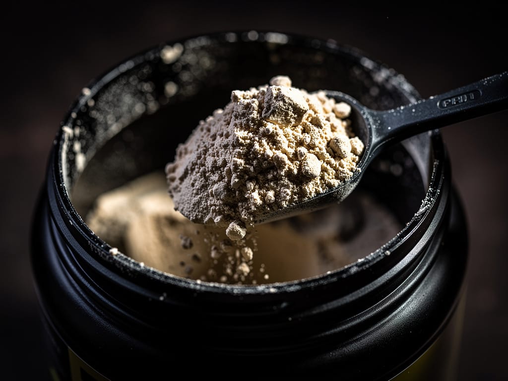 Clumpy pre-workout powder in a scoop
