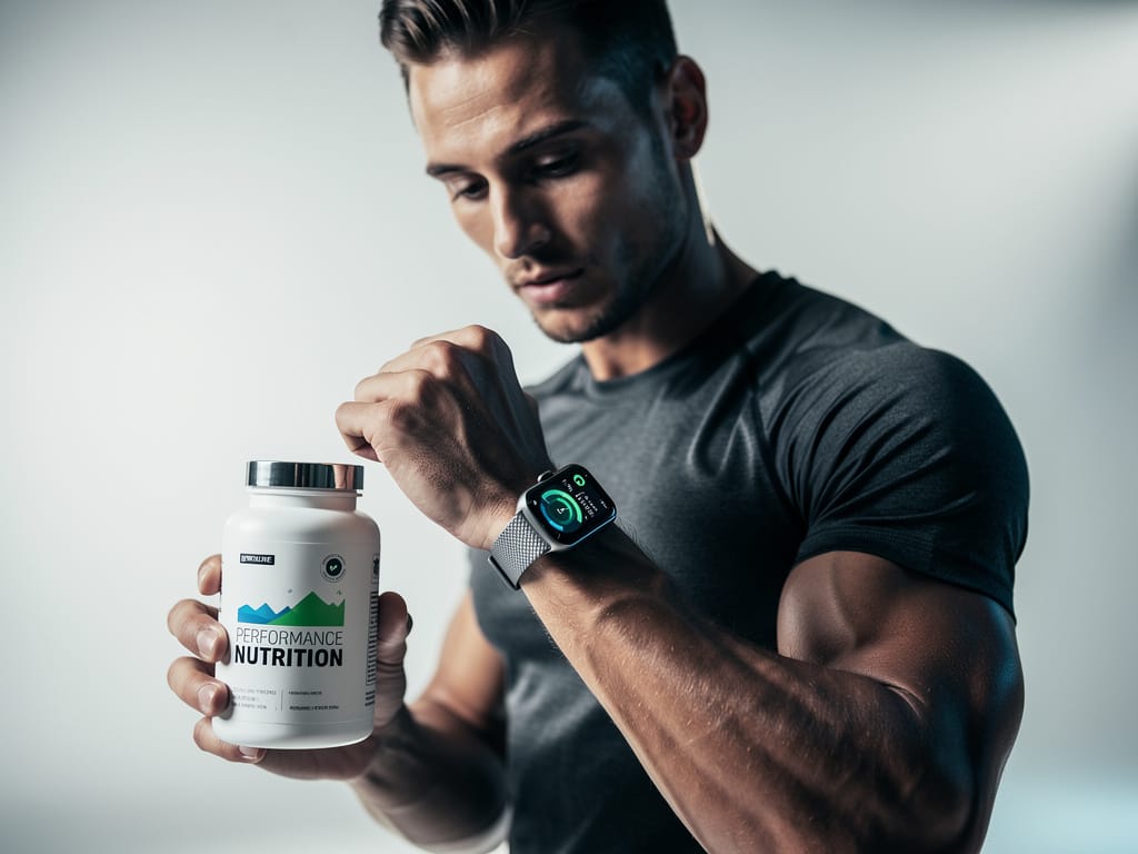 Athlete checking their smartwatch while holding a supplement bottle