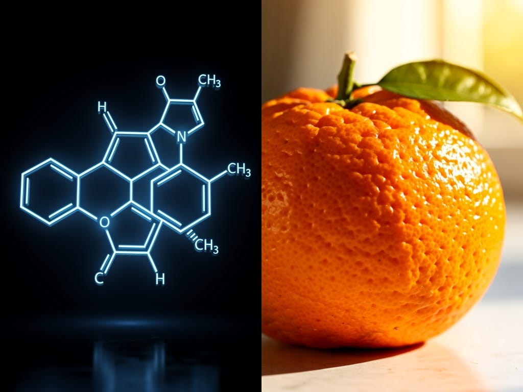 A digital chemical structure compared to a natural orange fruit