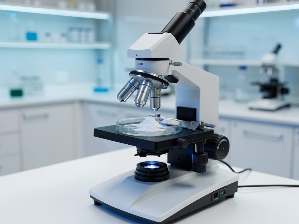 Close-up of protein powder under a microscope in a lab