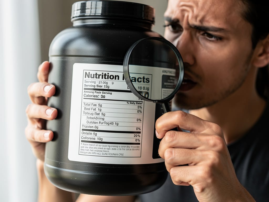 Person scrutinizing a supplement nutrition label with a magnifying glass