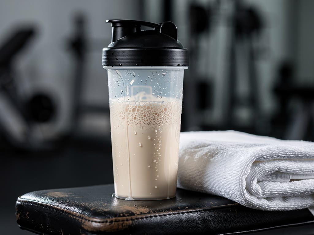 Protein shake in a shaker bottle on a gym bench