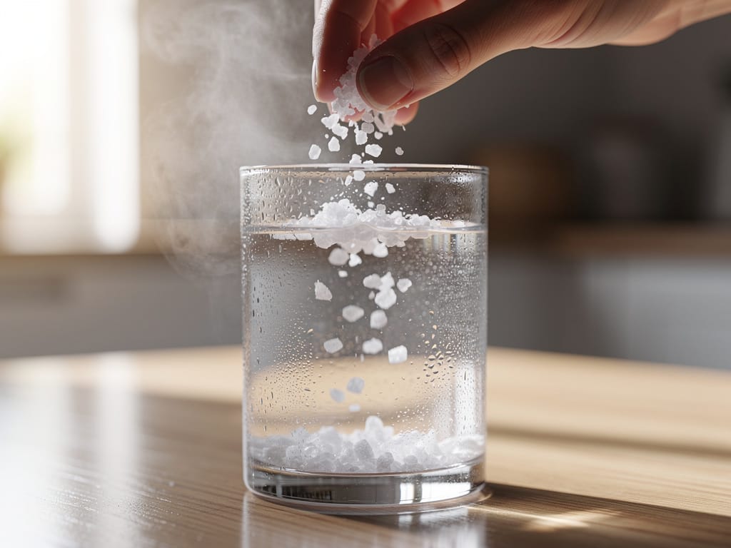A hand adding sea salt to a glass of water for hydration