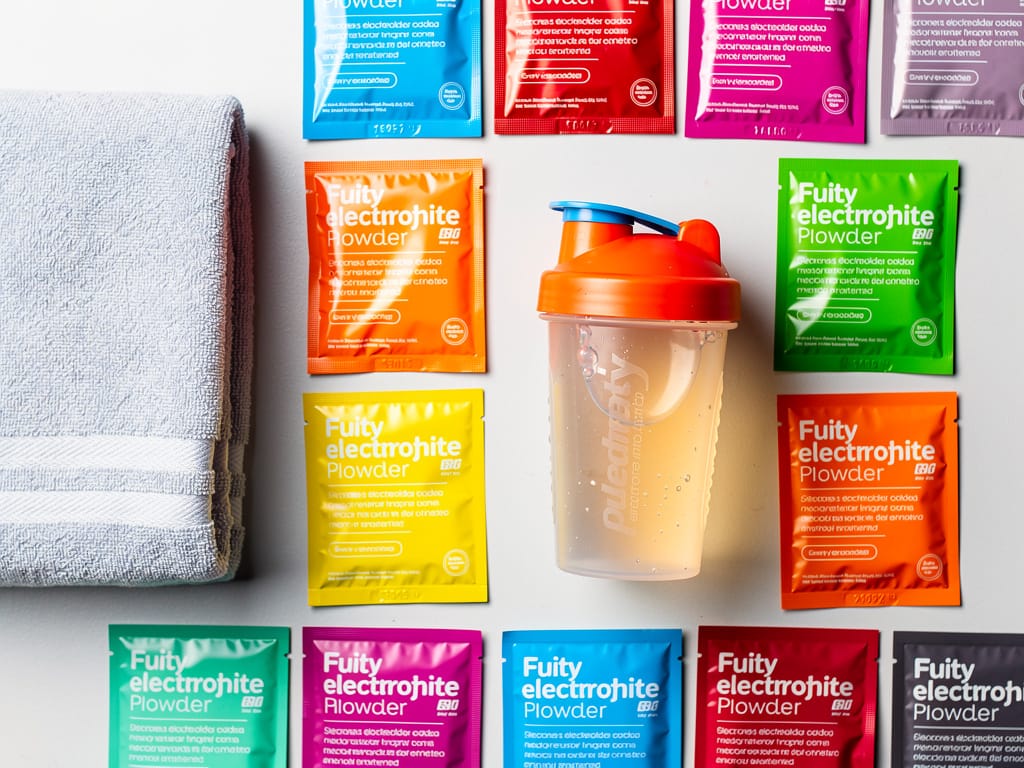 Colorful electrolyte powder packets and a shaker bottle